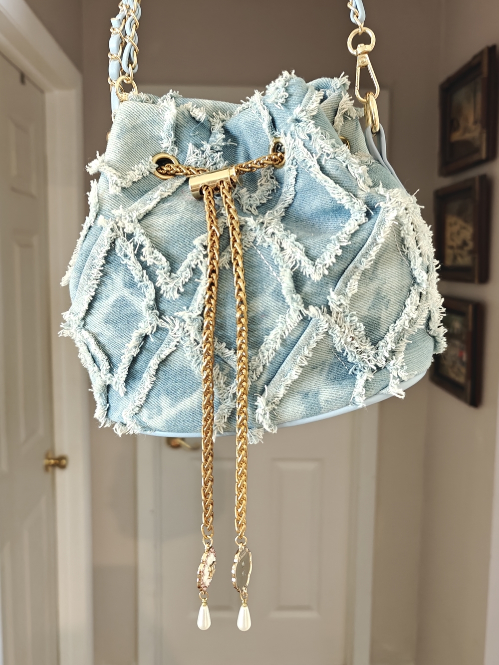 Frayed Denim Bucket Bag with Gold Chain And CC Charms
